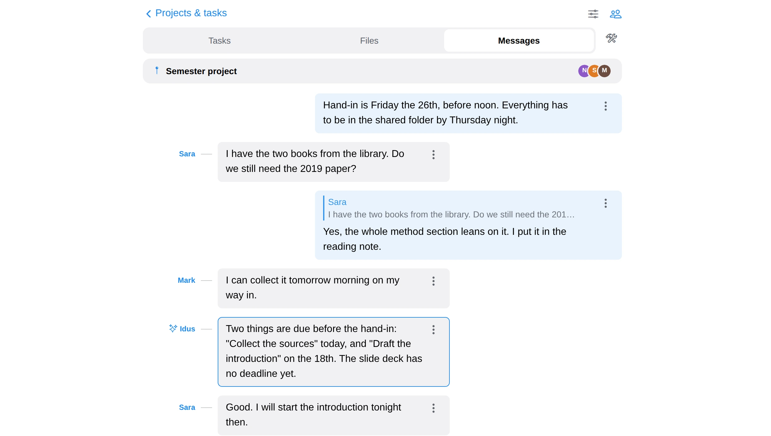 The group chat inside a shared Idus project, with a reply quoting the message it answers and @Idus listing what is due.
