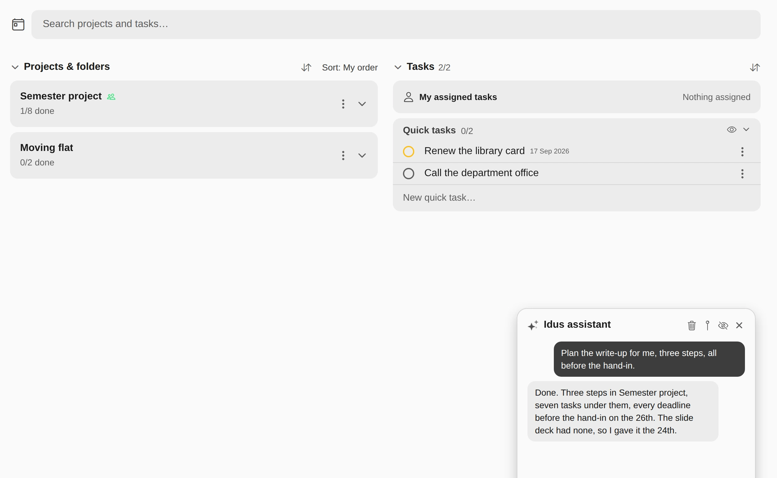 The Idus assistant panel, asked to plan the write-up, answering that it has put three steps and seven tasks into the project.